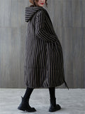 Women's Mid-length Black White Stripe Fleece-lined Coats