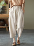 Cotton Linen Elastic Waist Solid Patchwork Women's Pants