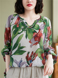 Summer Cozy V Neck Loose Print Long Sleeve Shirt for Women