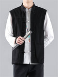 Men's Stand Collar Knot Button Patch Pocket Plain Linen Vest