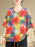 Summer Bright Daisy Print Drawstring Hem V-Neck Shirt for Female