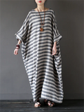 Relaxed Stripe Round Neck Cotton Linen Long Dress for Lady