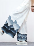 Men's Unique White Crane Landscape Print Wide-Leg Pants