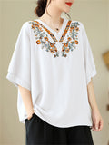 Women's Relaxed Elegant Floral Embroidered V-neck Shirts