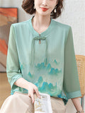 Women's Ancient Style Print Elegant Stand Collar 3/4 Sleeve Shirts