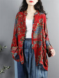 Women's Chinese Northeast Big Flower Print Knot Button Red Shirt