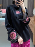 Lady Floral Embroidery Patchwork Flared Sleeve Shirt