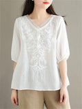 Female V-neck Short-sleeved Embroidered Shirt