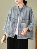 Women's Light Blue Stand Collar Patch Pocket Short Denim Jacket