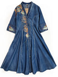 Women's Elegant Embroidery V Neck Button Up Denim Dress