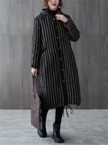 Women's Mid-length Black White Stripe Fleece-lined Coats