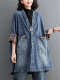 Ladies Stylish Plaid Patchwork Pockets Denim Jacket