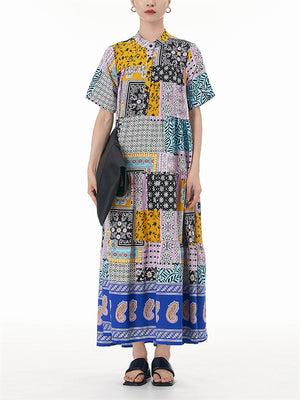 Ladies Vogue Bohemian Style Patchwork Lapel Dress