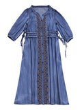 Ethnic Style Embroidery Half Sleeve Adjustable Waist Denim Dress