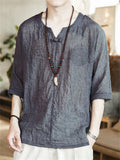 Chinese Style V-Neck Linen Blend T-shirt for Men