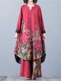 Beautiful Peony Print V Neck Long Sleeve Shirt + Loose Pants