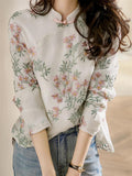 Female Spring Peach Blossom Print Long Sleeve Shirt