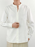 Spring Cozy Stand Collar Long Sleeve Button Up Linen Shirt for Men