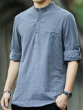 Men's Striped Stand-up Collar Half Button Shirt