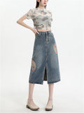 Women's Semicircle Embroidery Front Split Denim Skirts