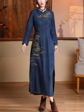 Women's Elegant High-Rise Side Slit Blue Denim Embroidery Qipao