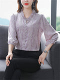 Elegant Puff Sleeve Floral Pattern Faux Silk Shirt for Women