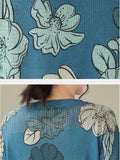 Casual Blue Lotus Print Cozy Linen T-shirts for Women