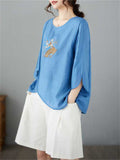 Female Chinese Fan Flower Embroidered 3/4 Sleeve Shirt