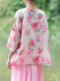 Female 3/4 Sleeve Round Neck Camellia Print Shirts