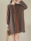 Female Ethnic Print Round Neck Long Sleeve Linen Shirt