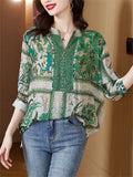 Women's Ethnic Style Green Leaf Print V Neck Half Sleeve Shirt