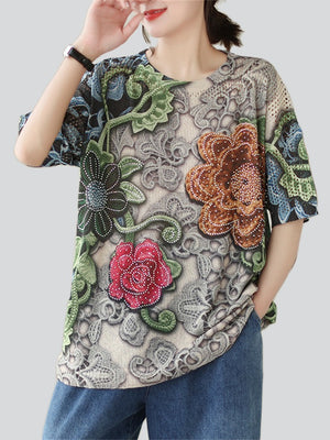 Women's Vintage Floral Print Rhinestone Hollow Out Half Sleeve Shirt