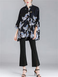 Women's Crane Floral Printing 3/4 Sleeve Oversized Shirts