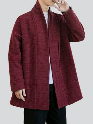 Men's Vintage Jacquard Cotton Linen Plush Liner Cardigan Coat