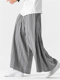 Men's Chinese Style Cotton Striped Wide Leg Pants with Strap