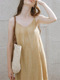 Elegant Apricot V Neck Sleeveless Flowy Tencel Dress for Women