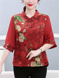 Women's Summer Elegant Peony Print Half Sleeve Shirt