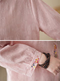 Female Chinese Floral Embroideried Lapel Button Up Linen Shirt