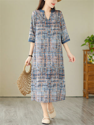 Female Mid-Length 3/4 Sleeve V-Neck Print Dresses