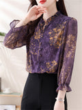 Women's Gold Floral Print Stand Collar Long Sleeve Purple Shirt