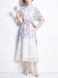 Sweet Stand Collar Flutter Sleeve Print Chiffon Dress for Lady