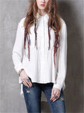 Female Chic Embroidery Button Up Irregular Hem White Shirt