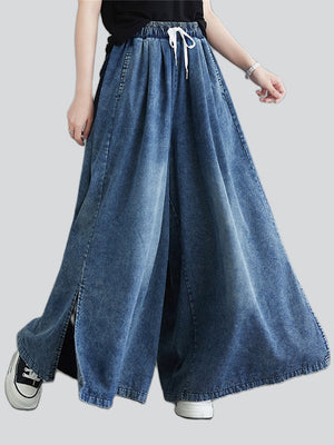 Cozy Summer Side Slit Blue Wide Leg Jeans for Women