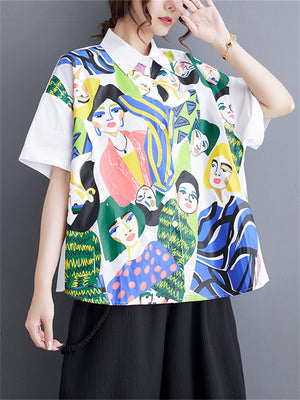 Unique Ladies Character Art Print Turn-down Collar Shirts