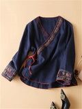 Female Ethnic Style V Neck Embroideried Side Lace Up Cotton Shirt