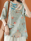 Ladies Chinese Style Tasseled Tuanshan Bird Floral Print Shirts