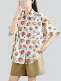 Cute Pumpkin Print Short Sleeve Button Shirt for Women