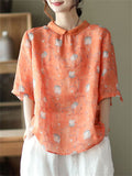 Retro Flower Print Lapel Half Sleeve Loose Shirt for Women