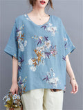 Female Bohemian Style Scoop Neck Half Sleeve Floral Print Shirt