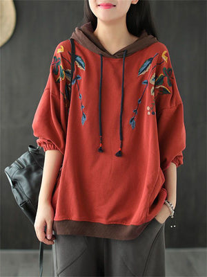 Leaf Pattern Color Contrast Hoodie for Women